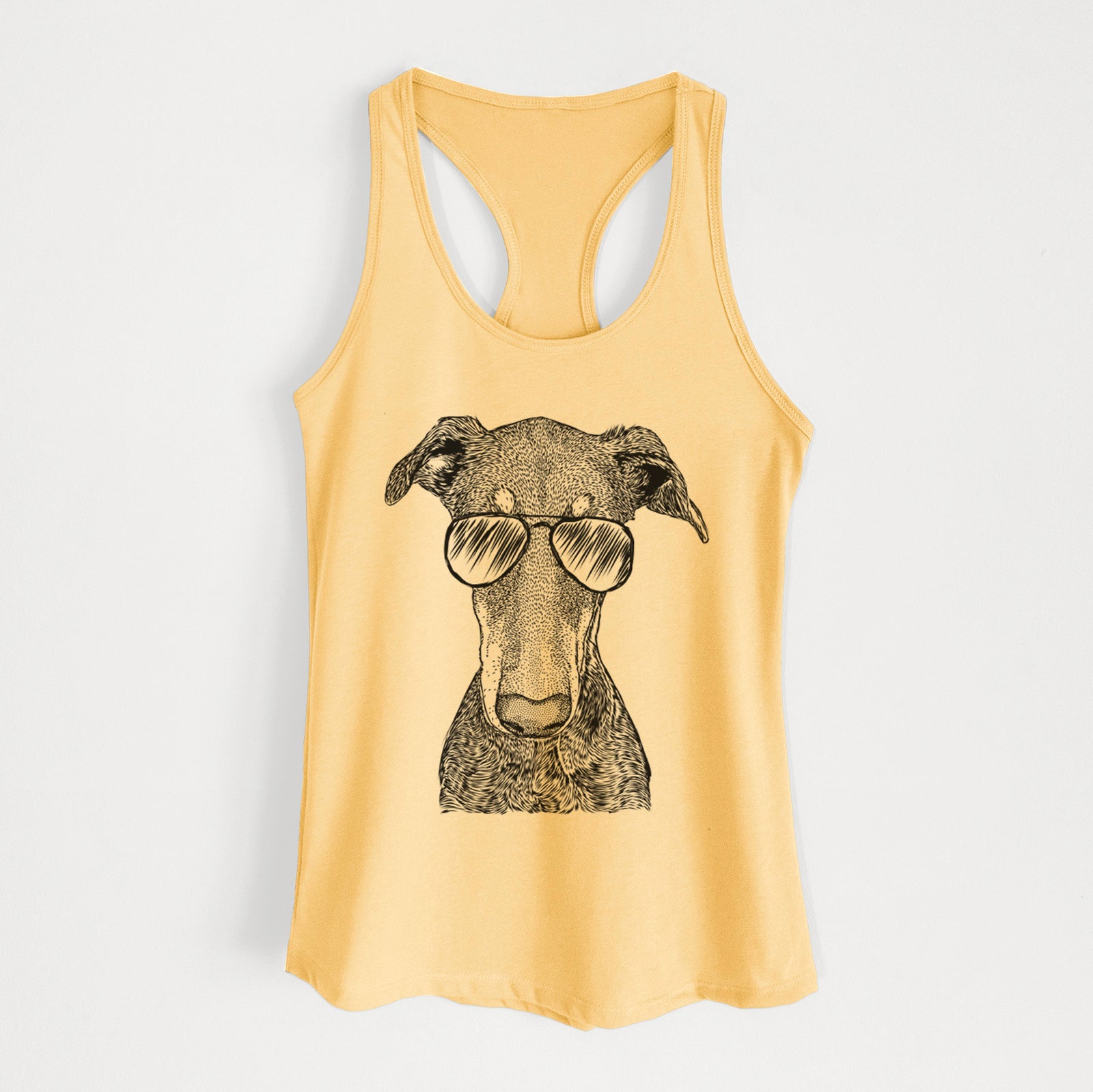 Hand-drawn sketch of Princess Fiona the Doberman Pinscher wearing aviator sunglasses on a Banana Cream Women's racerback tanktop