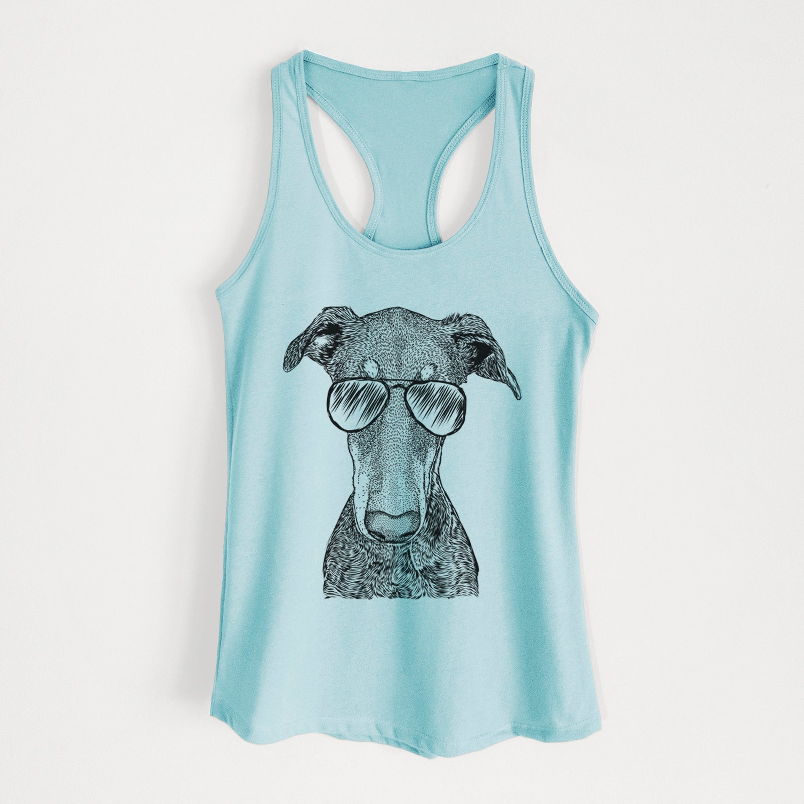 Hand-drawn sketch of Princess Fiona the Doberman Pinscher wearing aviator sunglasses on a Cancun Blue Women's racerback tanktop