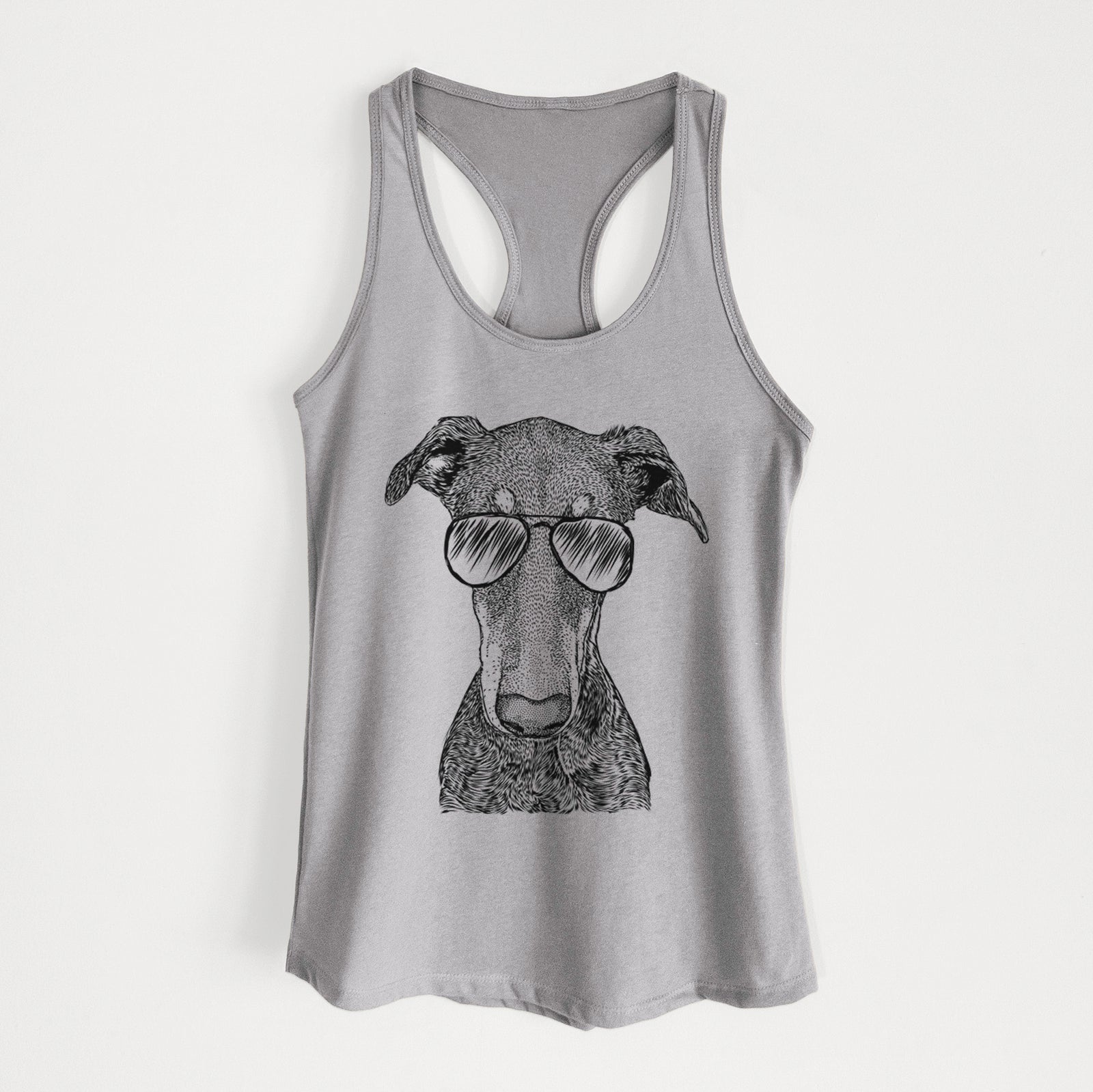 Hand-drawn sketch of Princess Fiona the Doberman Pinscher wearing aviator sunglasses on a Heather Grey Women's racerback tanktop