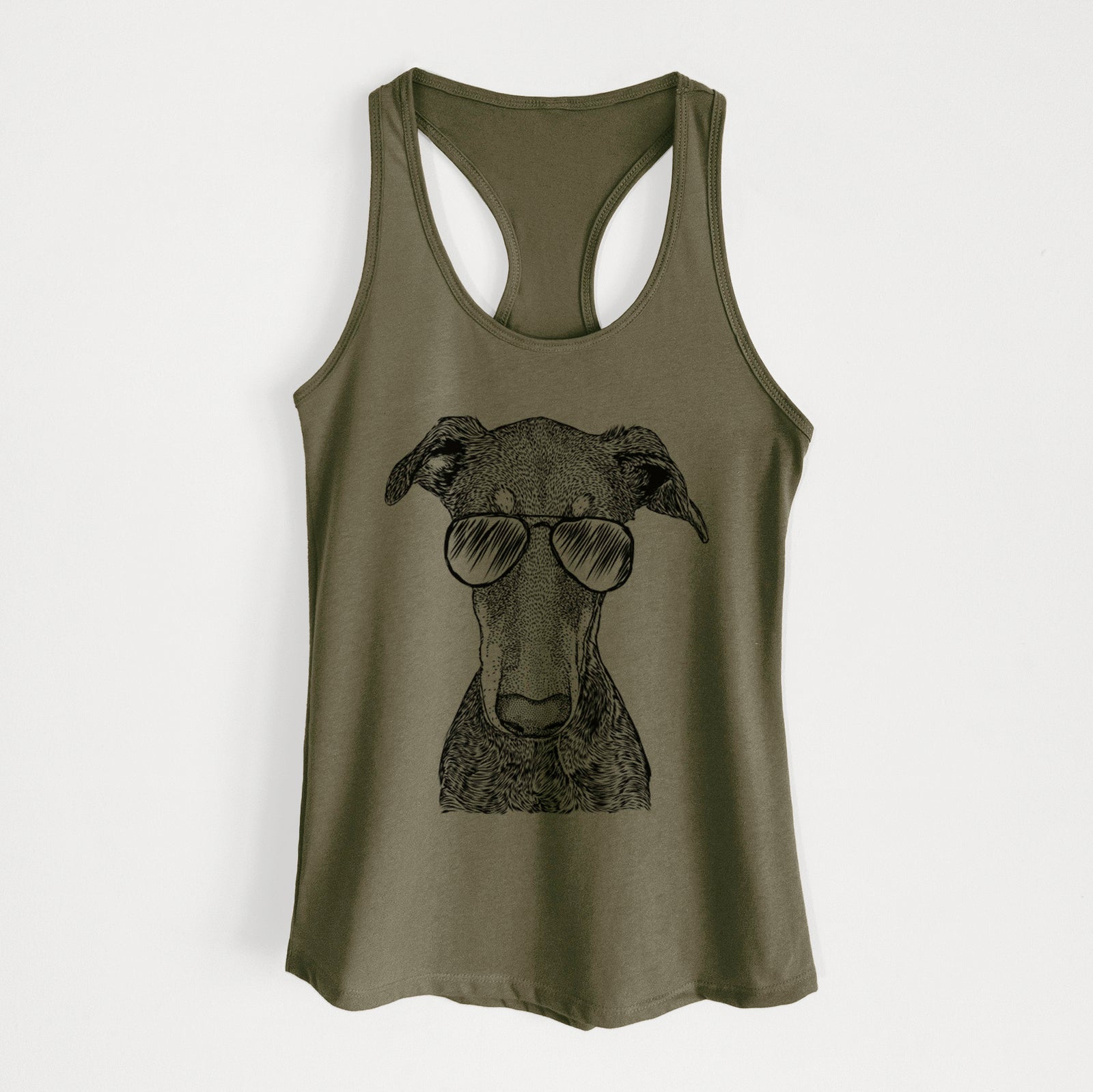 Hand-drawn sketch of Princess Fiona the Doberman Pinscher wearing aviator sunglasses on a Military Green Women's racerback tanktop
