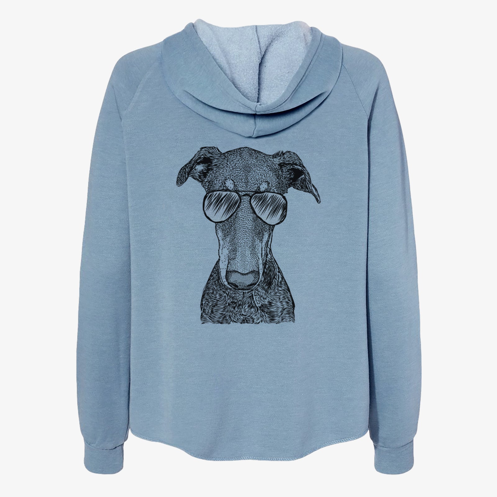 Hand-drawn sketch of Princess Fiona the Doberman Pinscher wearing aviator sunglasses on a Misty Blue Women's cali wave zip-up sweatshirt