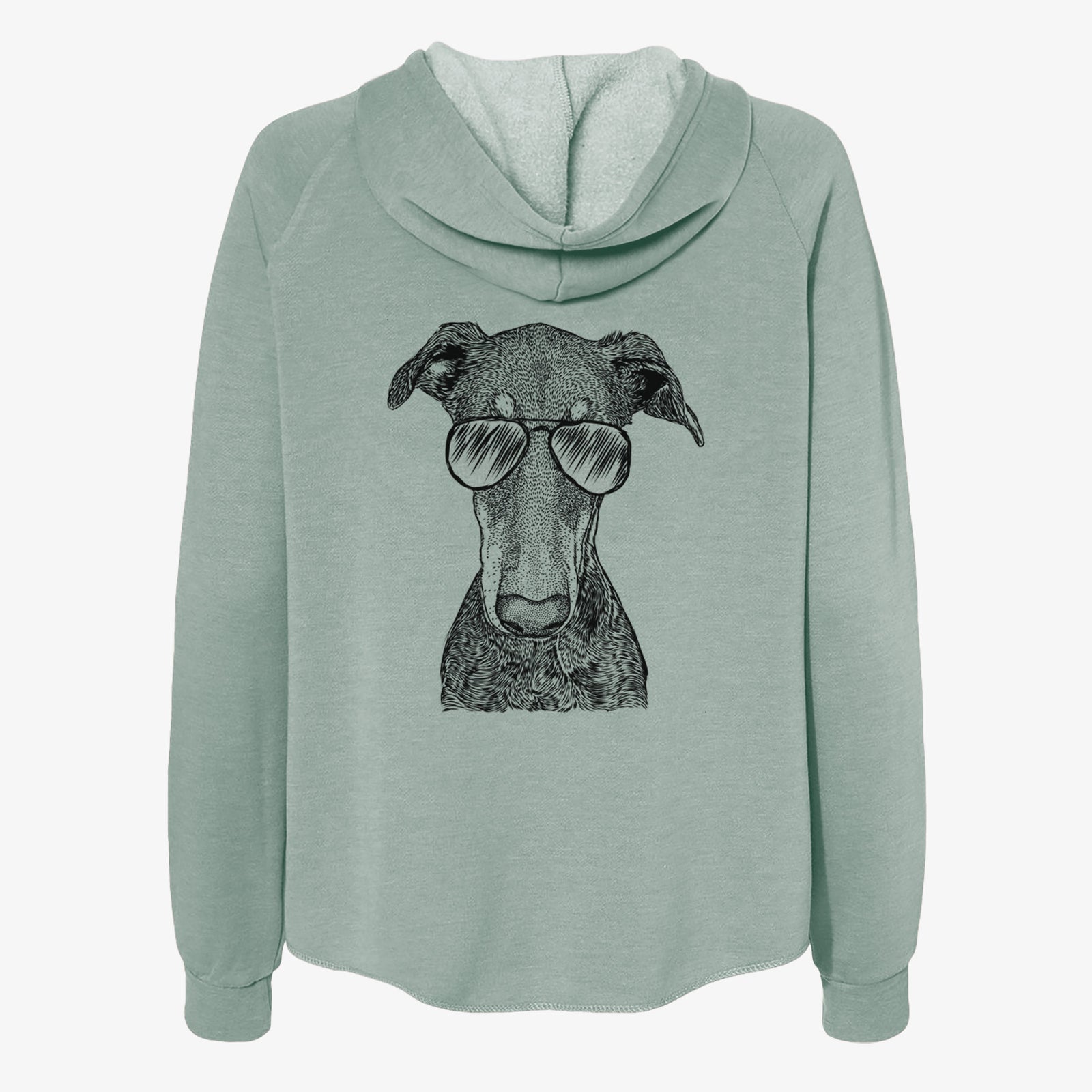 Hand-drawn sketch of Princess Fiona the Doberman Pinscher wearing aviator sunglasses on a Sage Women's cali wave zip-up sweatshirt