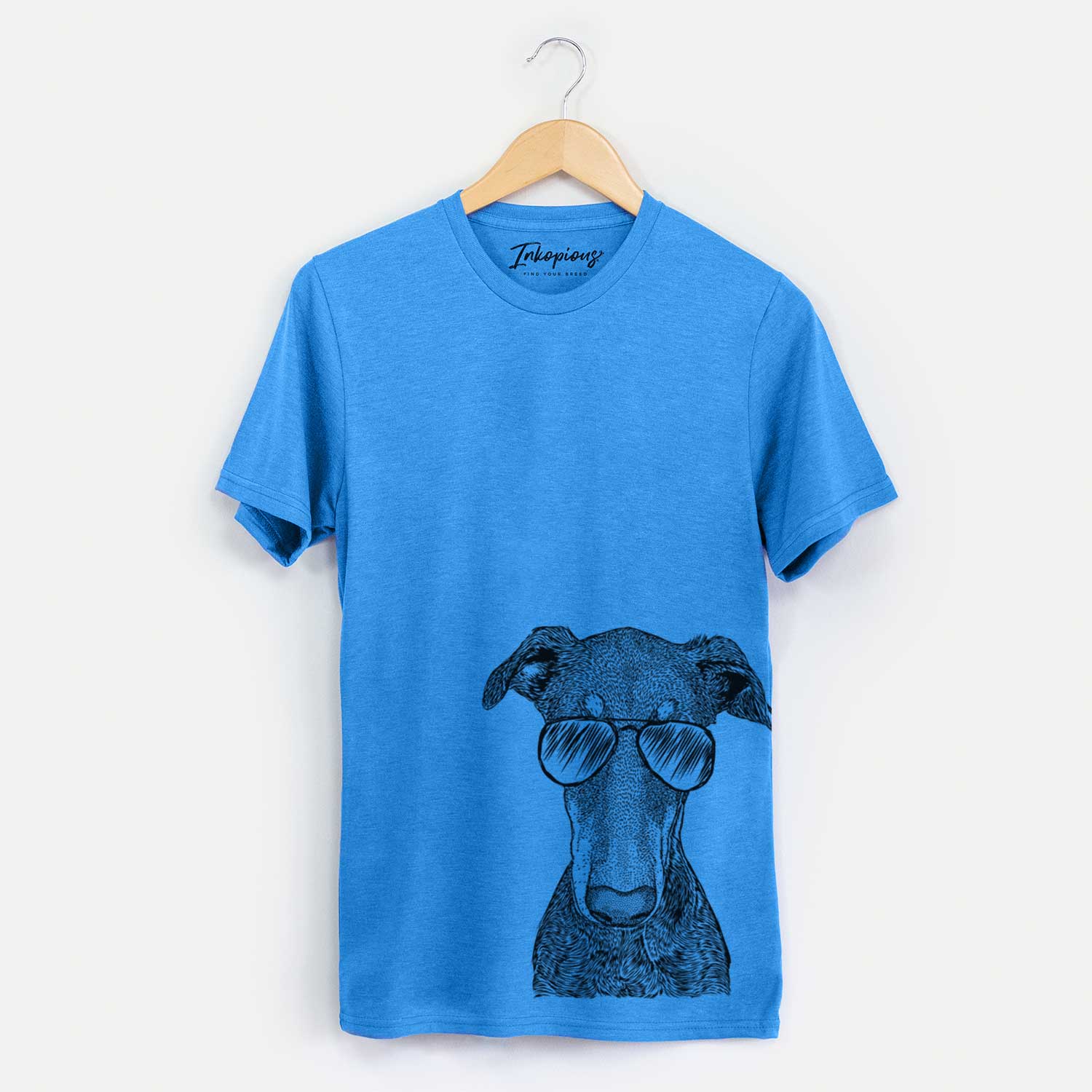 Hand-drawn sketch of Princess Fiona the Doberman Pinscher wearing aviator sunglasses on a Blue Unisex crewneck