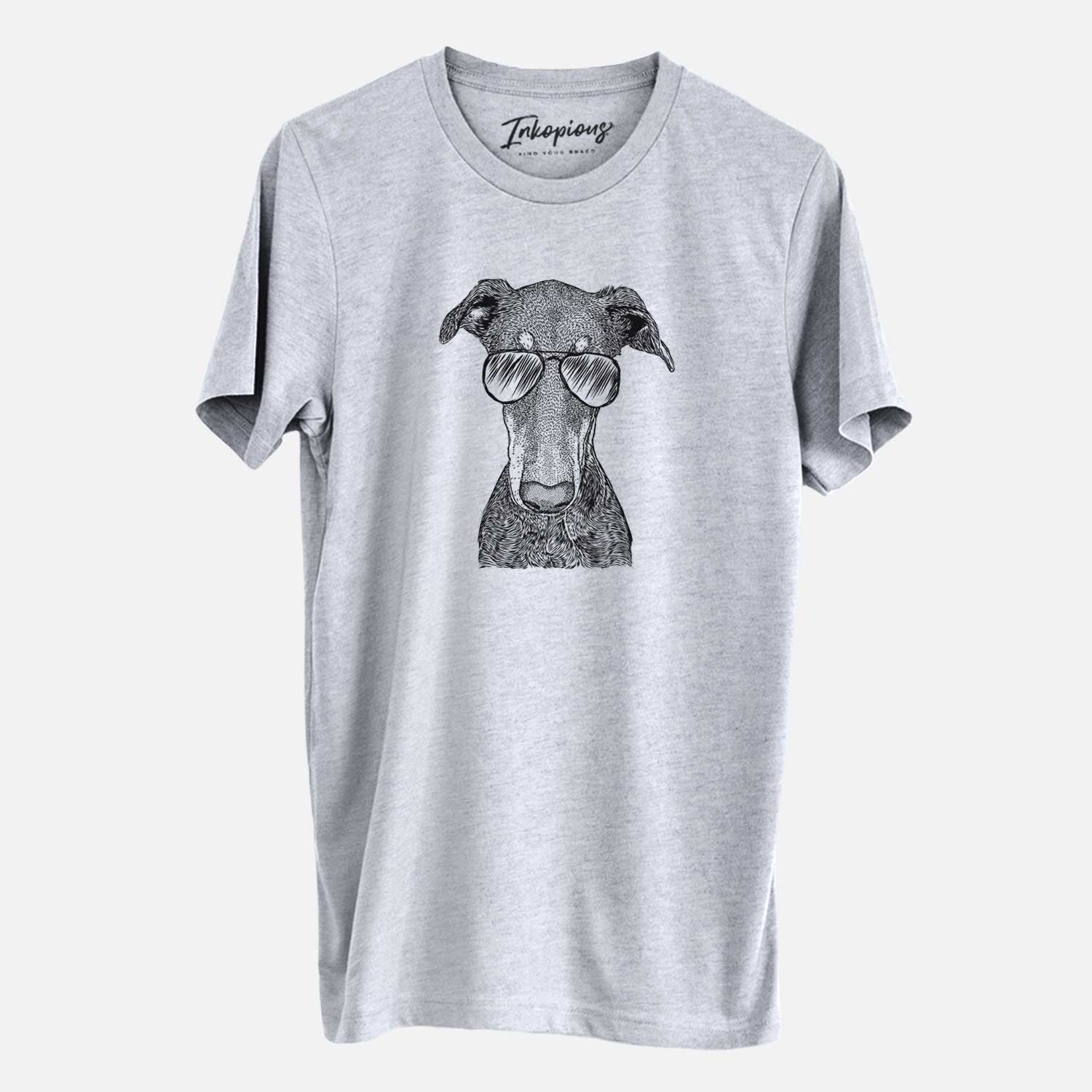 Hand-drawn sketch of Princess Fiona the Doberman Pinscher wearing aviator sunglasses on a Grey Unisex crewneck