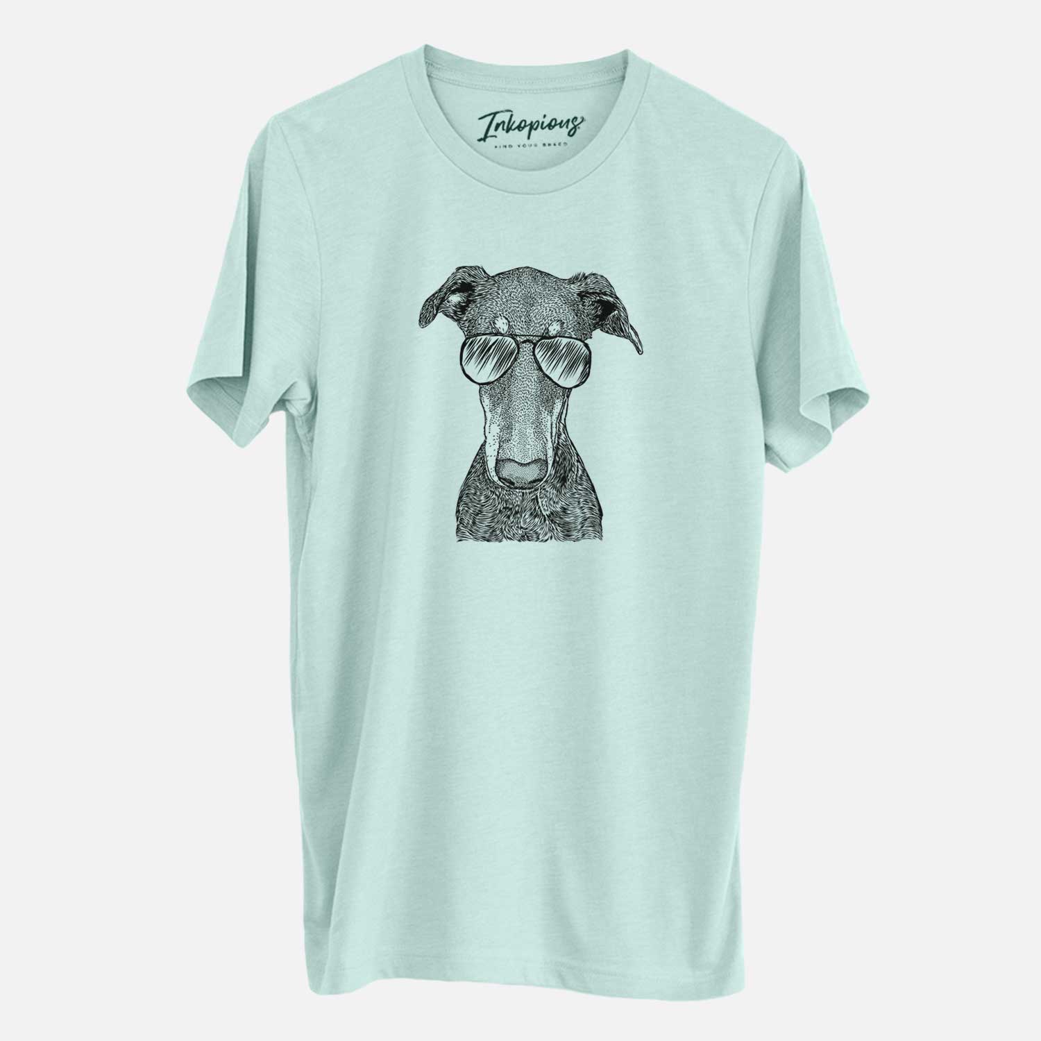Hand-drawn sketch of Princess Fiona the Doberman Pinscher wearing aviator sunglasses on a Heather Sage Unisex crewneck