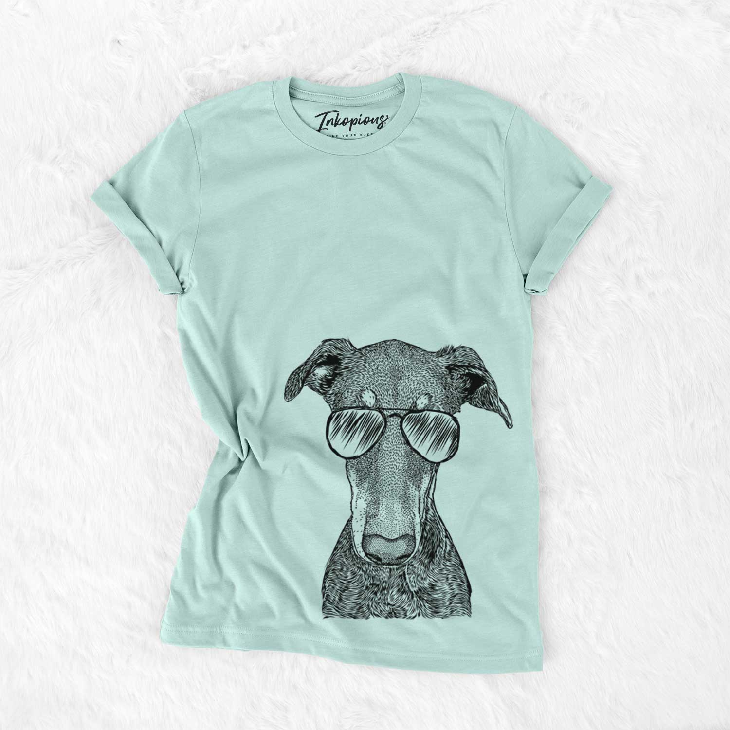 Hand-drawn sketch of Princess Fiona the Doberman Pinscher wearing aviator sunglasses on a Heather Sage Unisex crewneck