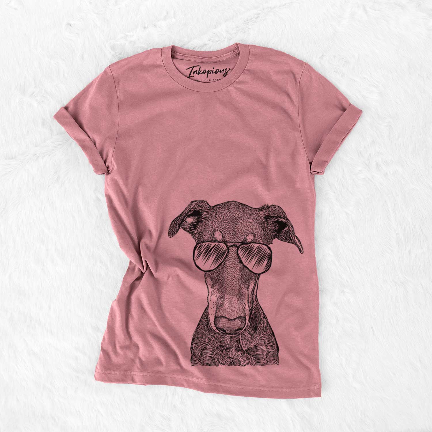 Hand-drawn sketch of Princess Fiona the Doberman Pinscher wearing aviator sunglasses on a Mauve Unisex crewneck