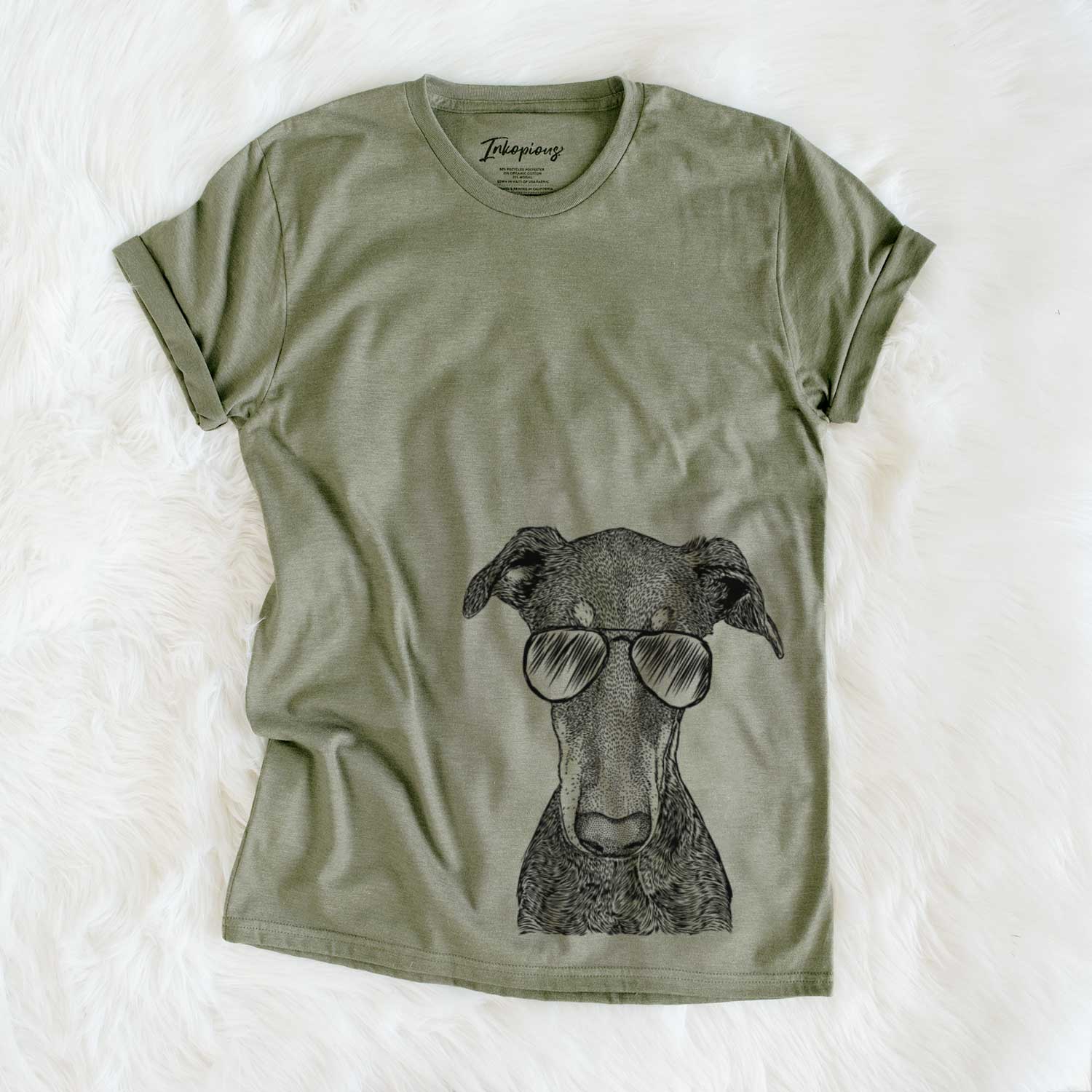 Hand-drawn sketch of Princess Fiona the Doberman Pinscher wearing aviator sunglasses on an Olive Unisex crewneck