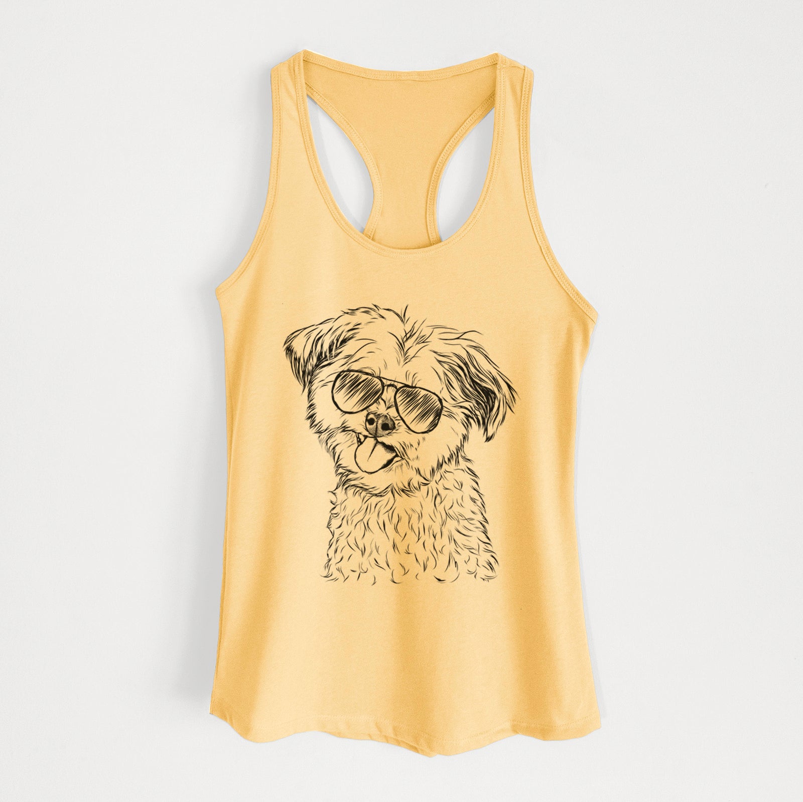 Hand-drawn sketch of Puff the Malshi wearing aviator sunglasses on a Banana Cream Women's racerback tanktop