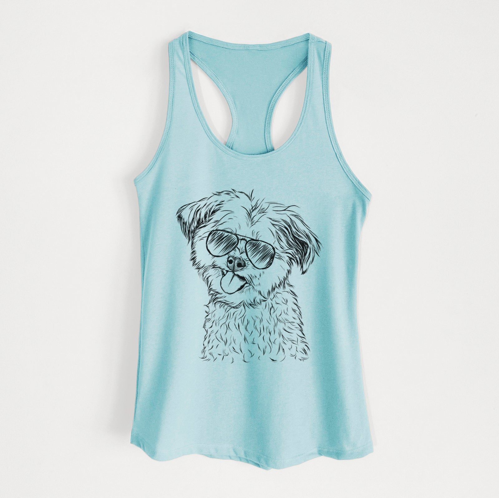 Hand-drawn sketch of Puff the Malshi wearing aviator sunglasses on a Cancun Blue Women's racerback tanktop