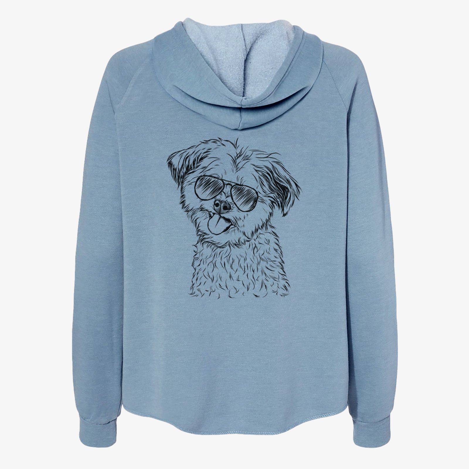 Hand-drawn sketch of Puff the Malshi wearing aviator sunglasses on a Misty Blue Women's cali wave zip-up sweatshirt