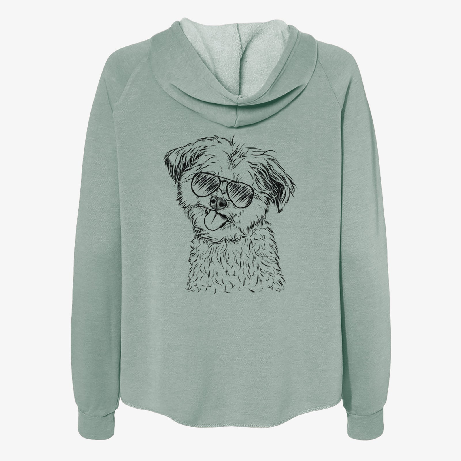 Hand-drawn sketch of Puff the Malshi wearing aviator sunglasses on a Sage Women's cali wave zip-up sweatshirt
