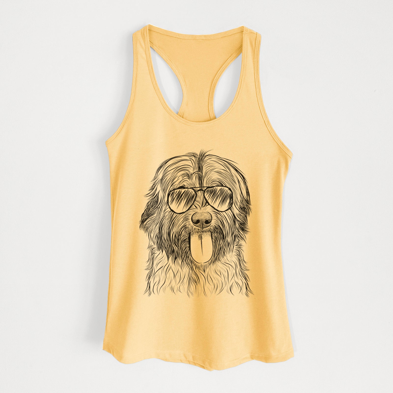Hand-drawn sketch of Puig the Catalan Sheepdog wearing aviator sunglasses on a Banana Cream Women's racerback tanktop