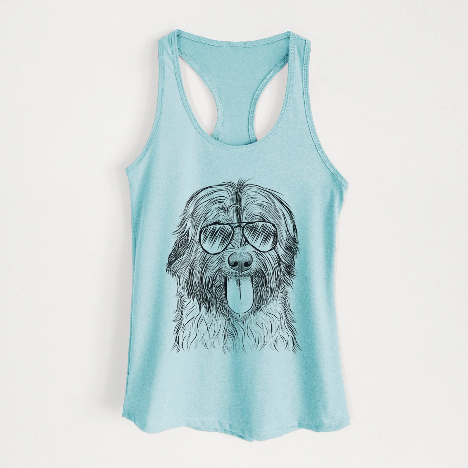 Hand-drawn sketch of Puig the Catalan Sheepdog wearing aviator sunglasses on a Cancun Blue Women's racerback tanktop