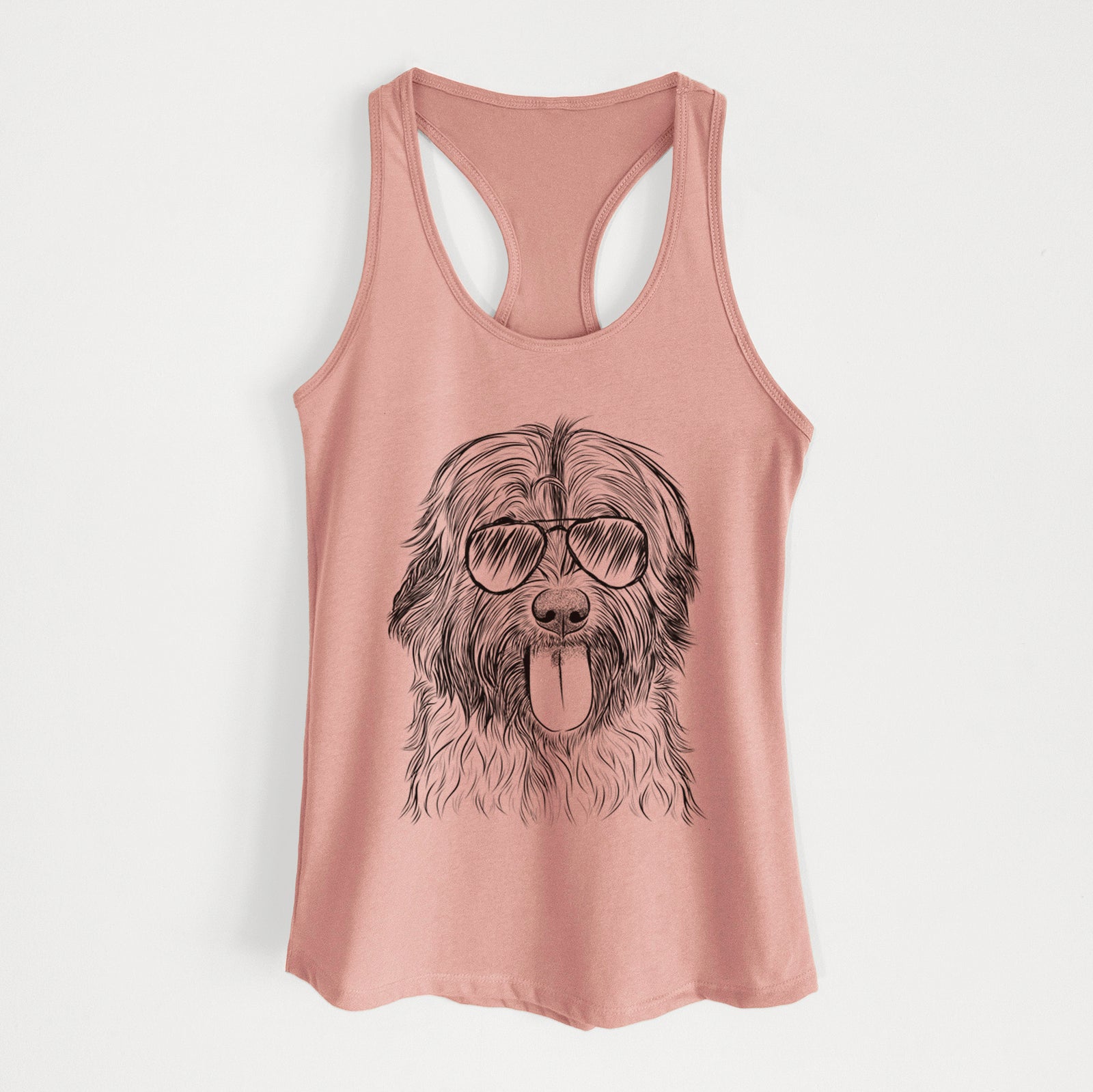 Hand-drawn sketch of Puig the Catalan Sheepdog wearing aviator sunglasses on a Desert Pink Women's racerback tanktop