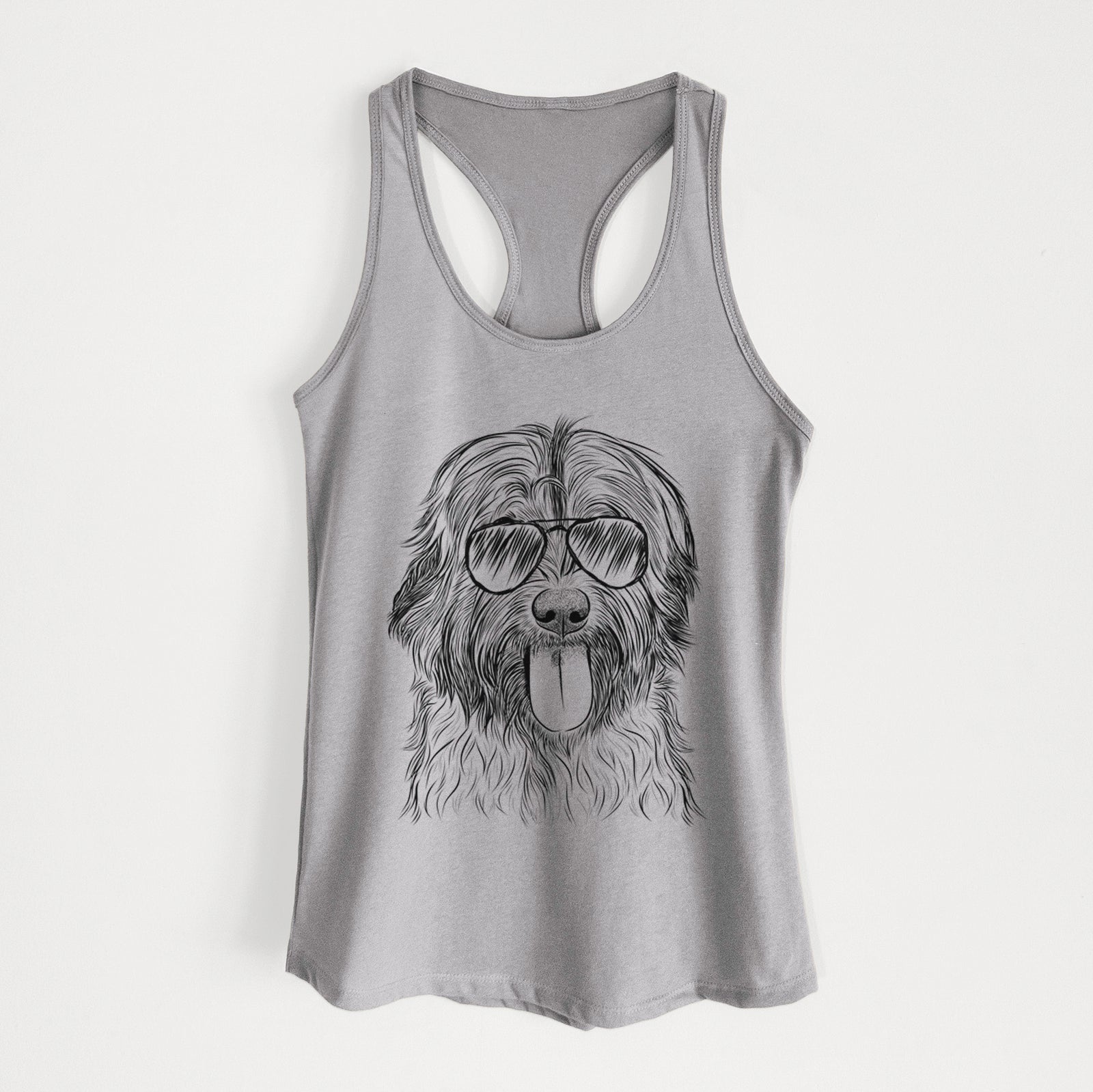 Hand-drawn sketch of Puig the Catalan Sheepdog wearing aviator sunglasses on a Heather Grey Women's racerback tanktop