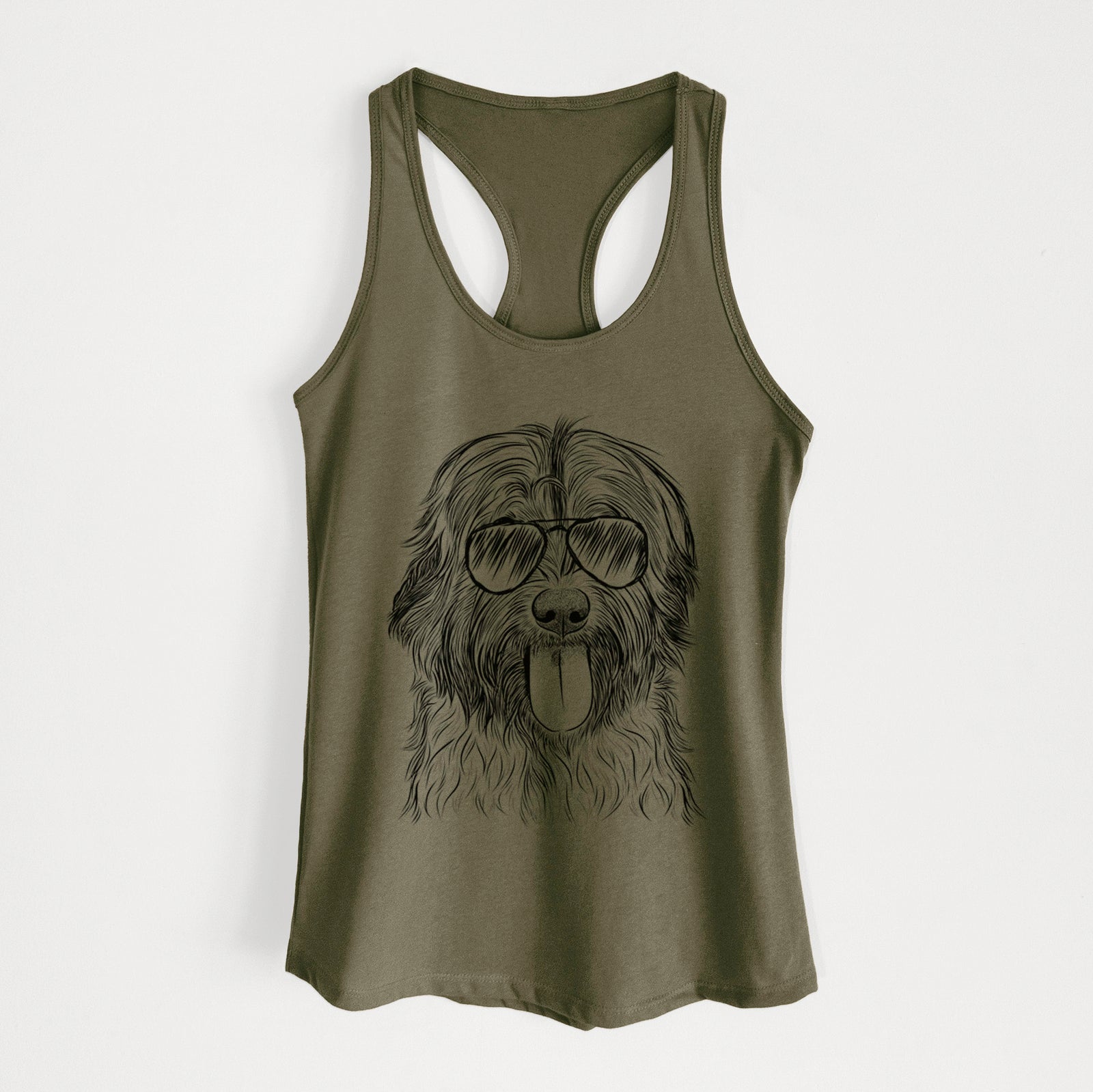 Hand-drawn sketch of Puig the Catalan Sheepdog wearing aviator sunglasses on a Military Green Women's racerback tanktop