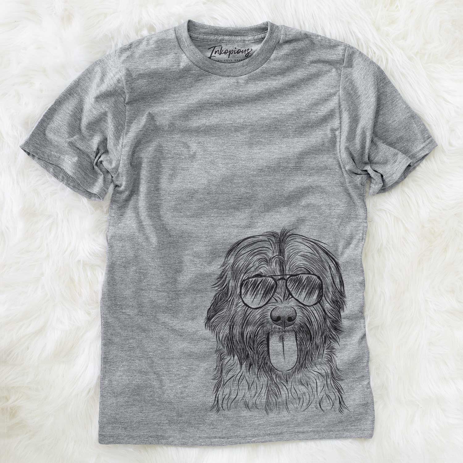 Hand-drawn sketch of Puig the Catalan Sheepdog wearing aviator sunglasses on a Grey Unisex crewneck