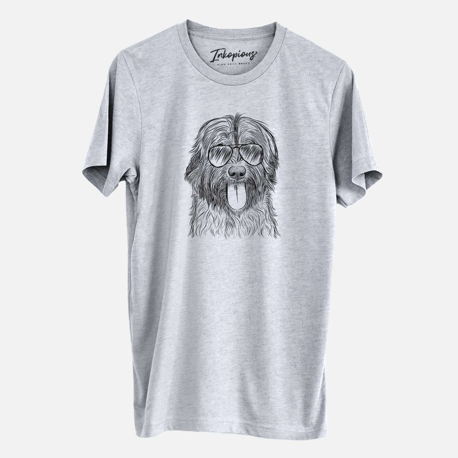 Hand-drawn sketch of Puig the Catalan Sheepdog wearing aviator sunglasses on a Grey Unisex crewneck
