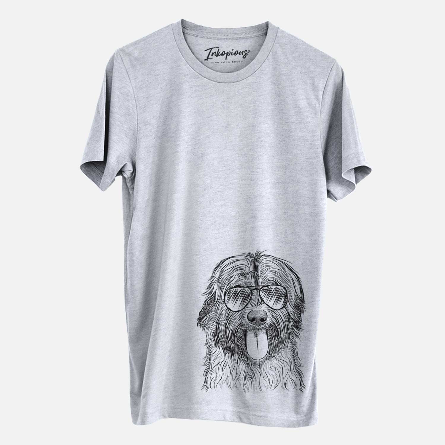Hand-drawn sketch of Puig the Catalan Sheepdog wearing aviator sunglasses on a Grey Unisex crewneck
