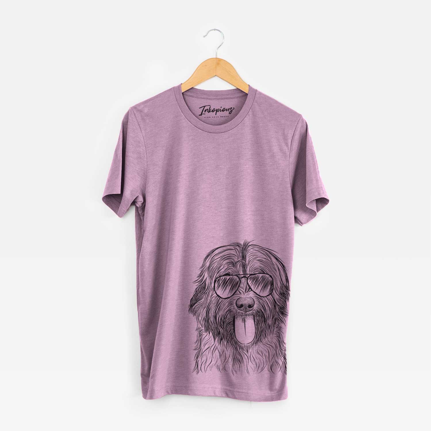 Hand-drawn sketch of Puig the Catalan Sheepdog wearing aviator sunglasses on an Orchid Bella Canvas Unisex Crewneck