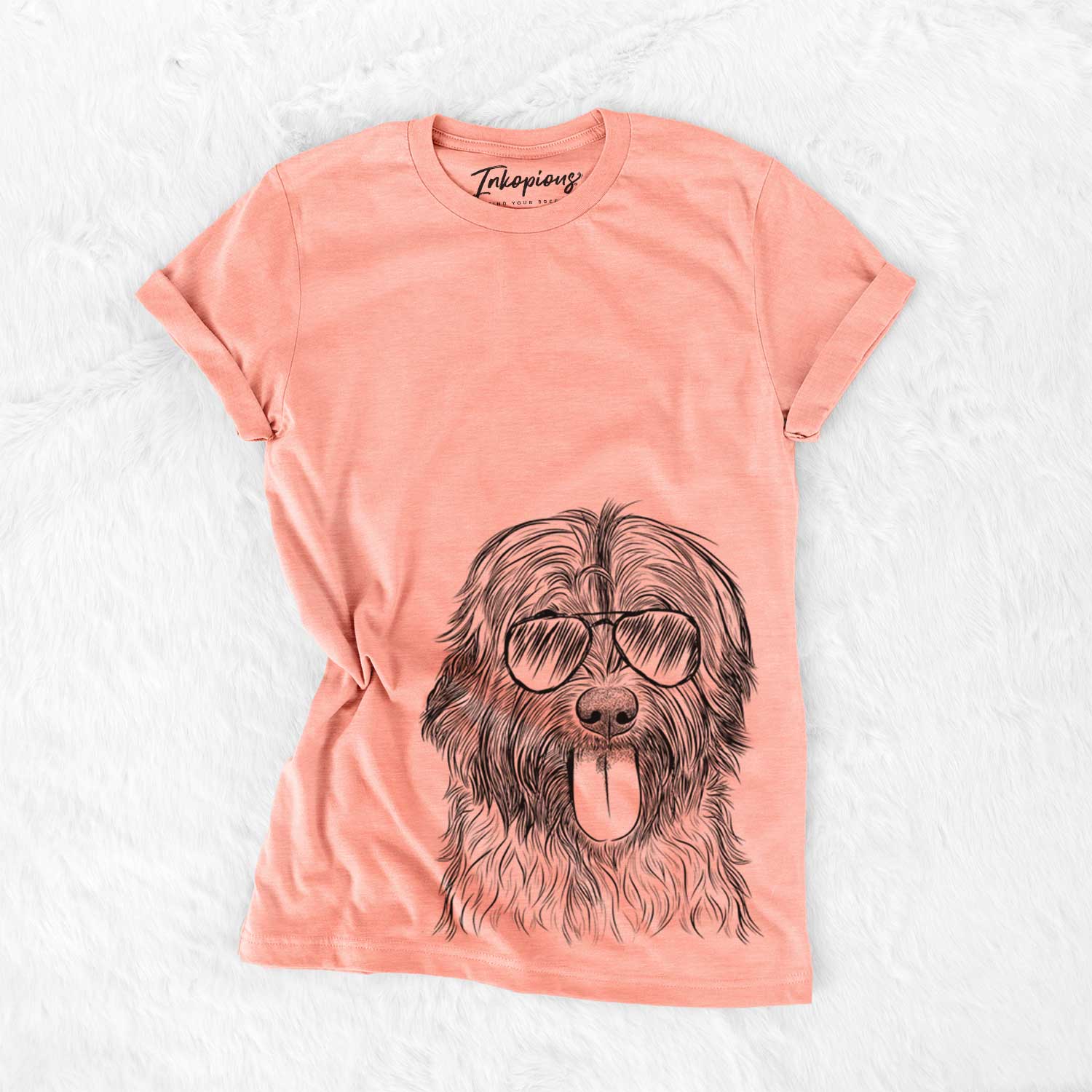 Hand-drawn sketch of Puig the Catalan Sheepdog wearing aviator sunglasses on a Sunset Bella Canvas Unisex Crewneck