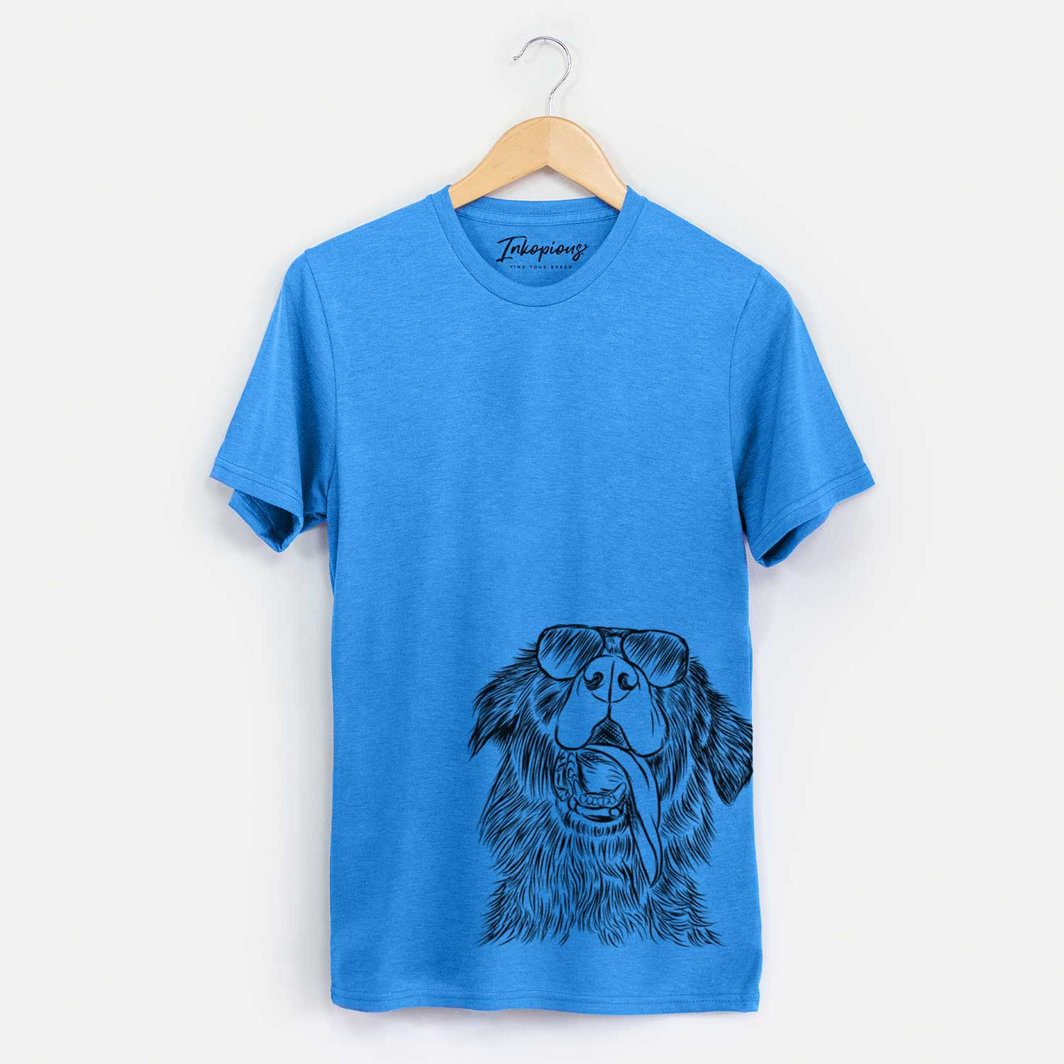 Hand-drawn sketch of Quint the Mixed Breed wearing aviator sunglasses on a Blue Unisex crewneck