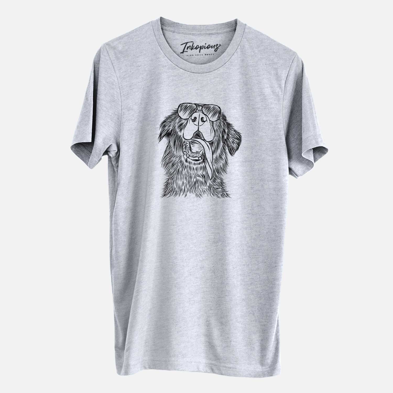 Hand-drawn sketch of Quint the Mixed Breed wearing aviator sunglasses on a Grey Unisex crewneck