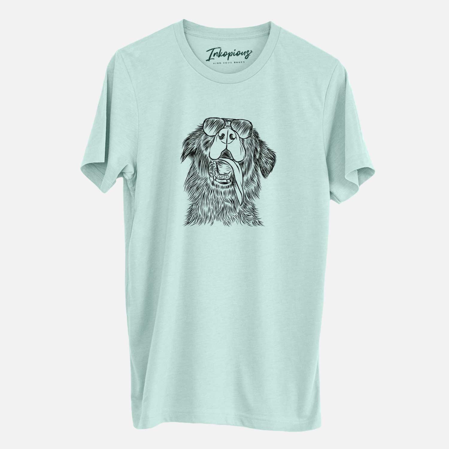 Hand-drawn sketch of Quint the Mixed Breed wearing aviator sunglasses on a Heather Sage Unisex crewneck