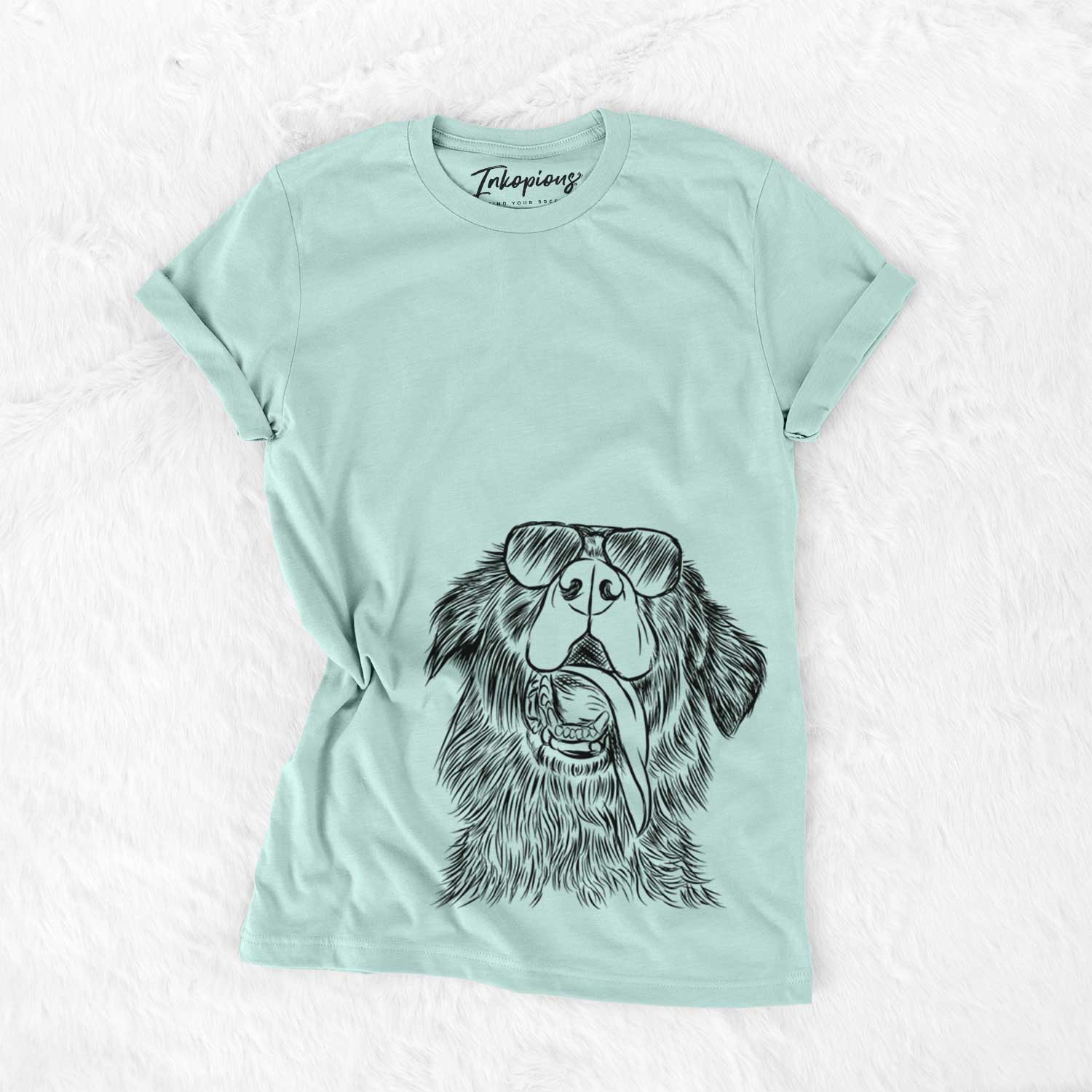 Hand-drawn sketch of Quint the Mixed Breed wearing aviator sunglasses on a Heather Sage Unisex crewneck