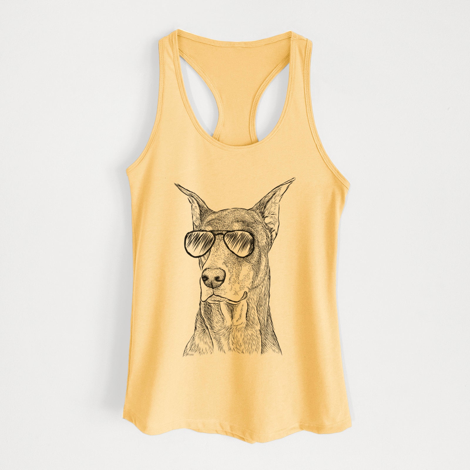Hand-drawn sketch of RJ the Doberman Pinscher wearing aviator sunglasses on a Banana Cream Women's racerback tanktop