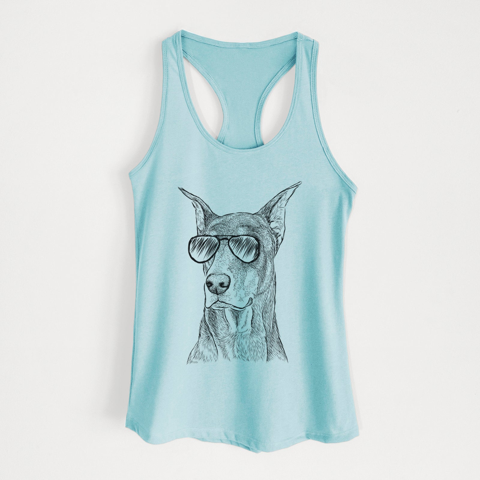 Hand-drawn sketch of RJ the Doberman Pinscher wearing aviator sunglasses on a Cancun Blue Women's racerback tanktop
