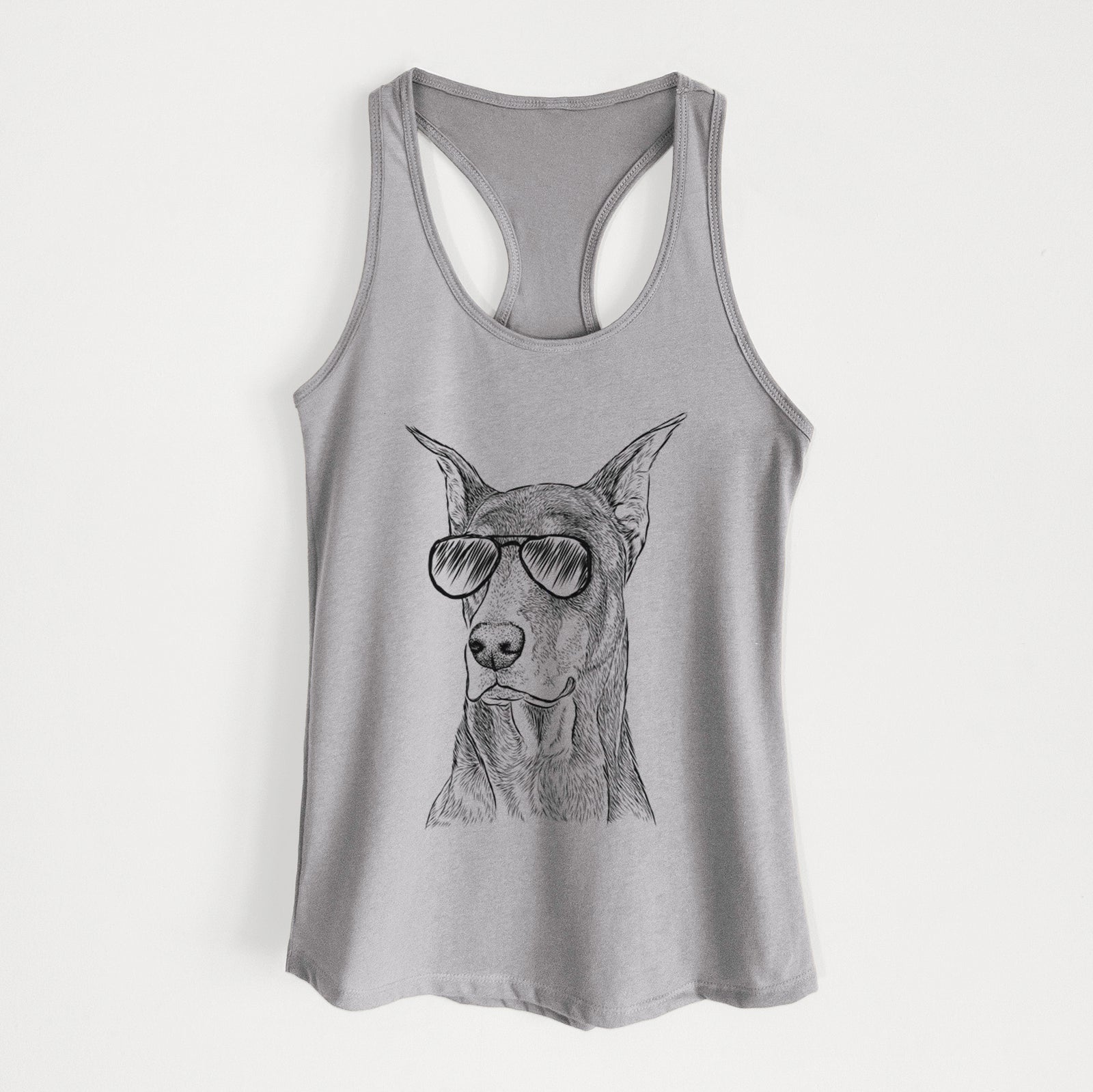Hand-drawn sketch of RJ the Doberman Pinscher wearing aviator sunglasses on a Heather Grey Women's racerback tanktop