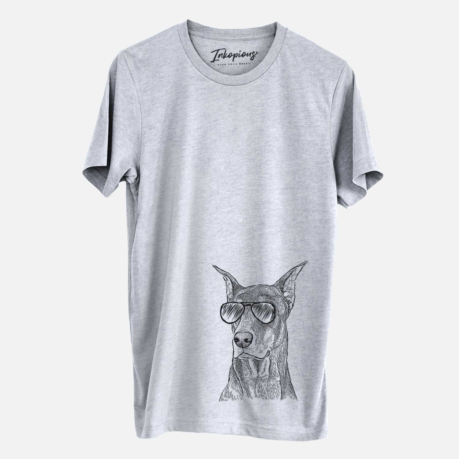 Hand-drawn sketch of RJ the Doberman Pinscher wearing aviator sunglasses on a Grey Unisex crewneck