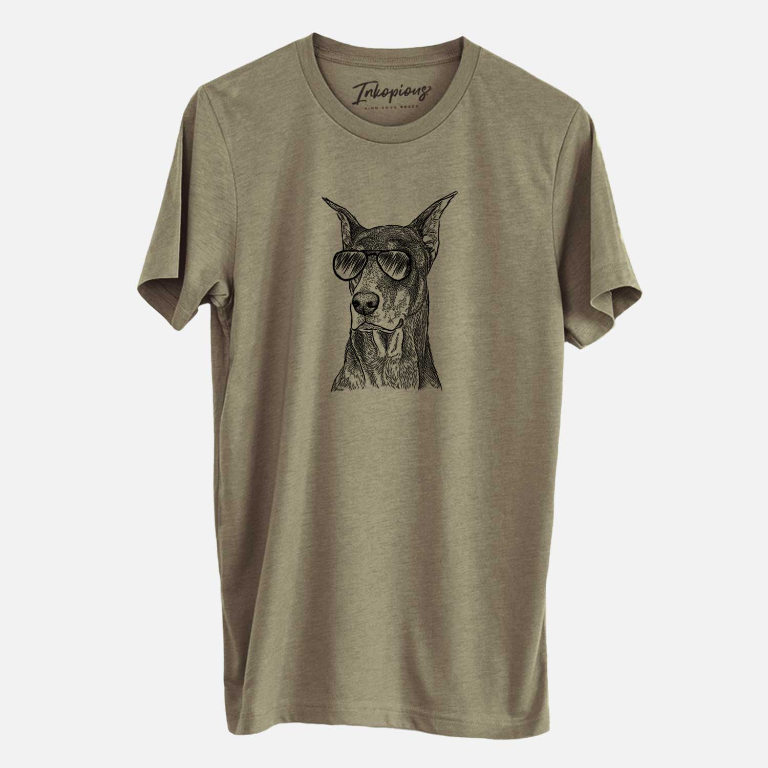Hand-drawn sketch of RJ the Doberman Pinscher wearing aviator sunglasses on an Olive Unisex crewneck
