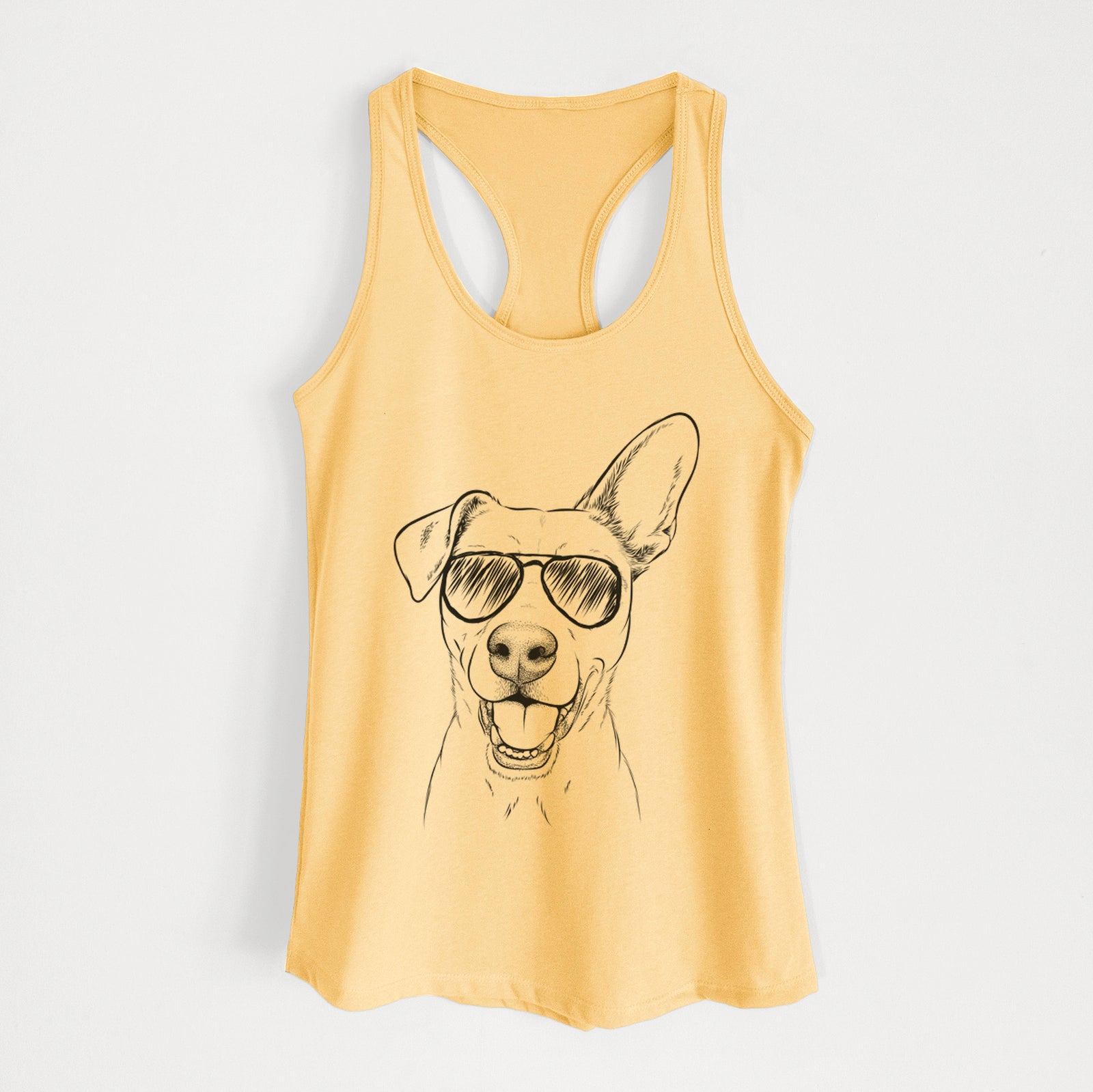 Hand-drawn sketch of Radar the Pitbull Mix wearing aviator sunglasses on a Banana Cream Women's racerback tanktop