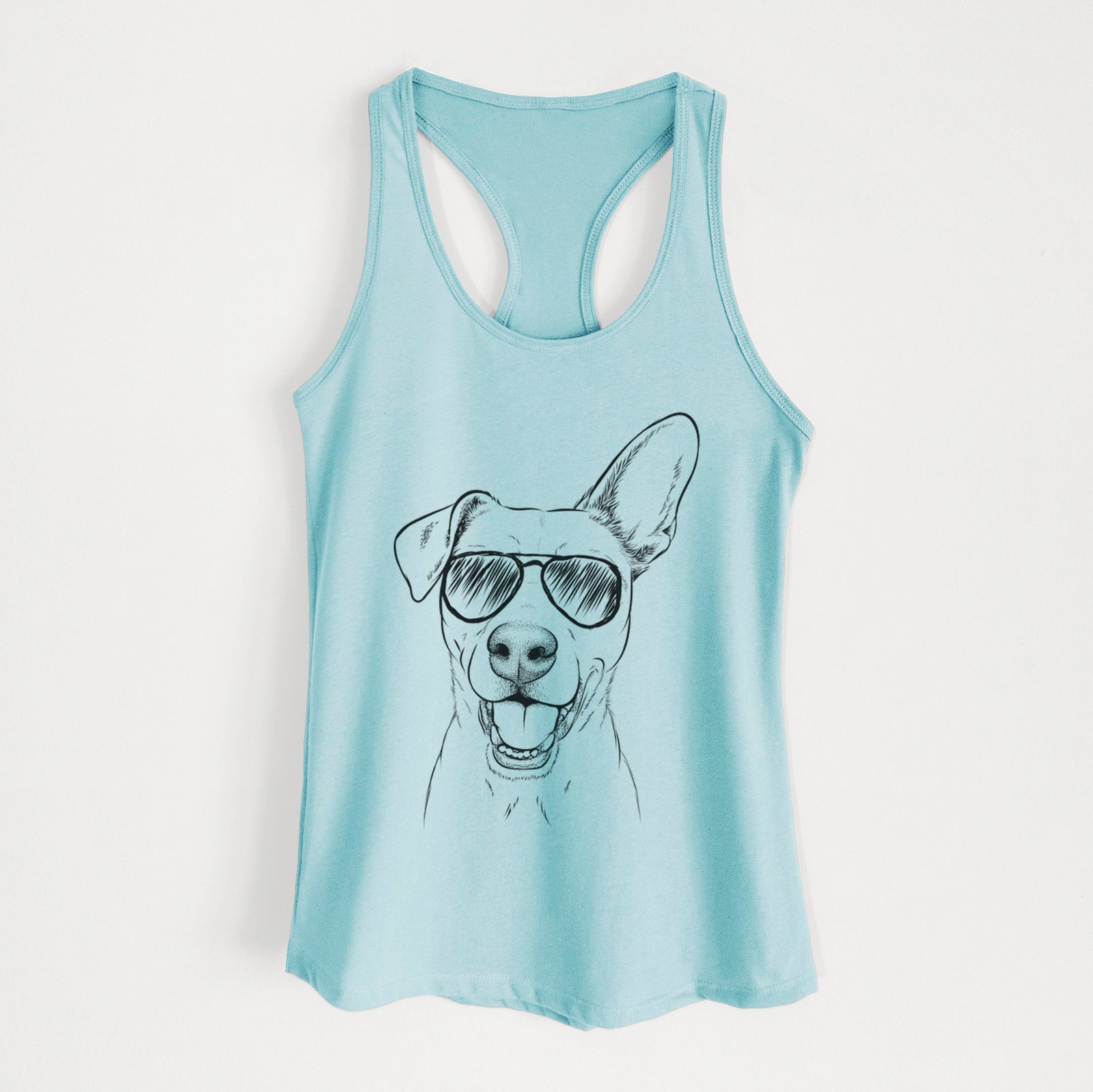 Hand-drawn sketch of Radar the Pitbull Mix wearing aviator sunglasses on a Cancun Blue Women's racerback tanktop