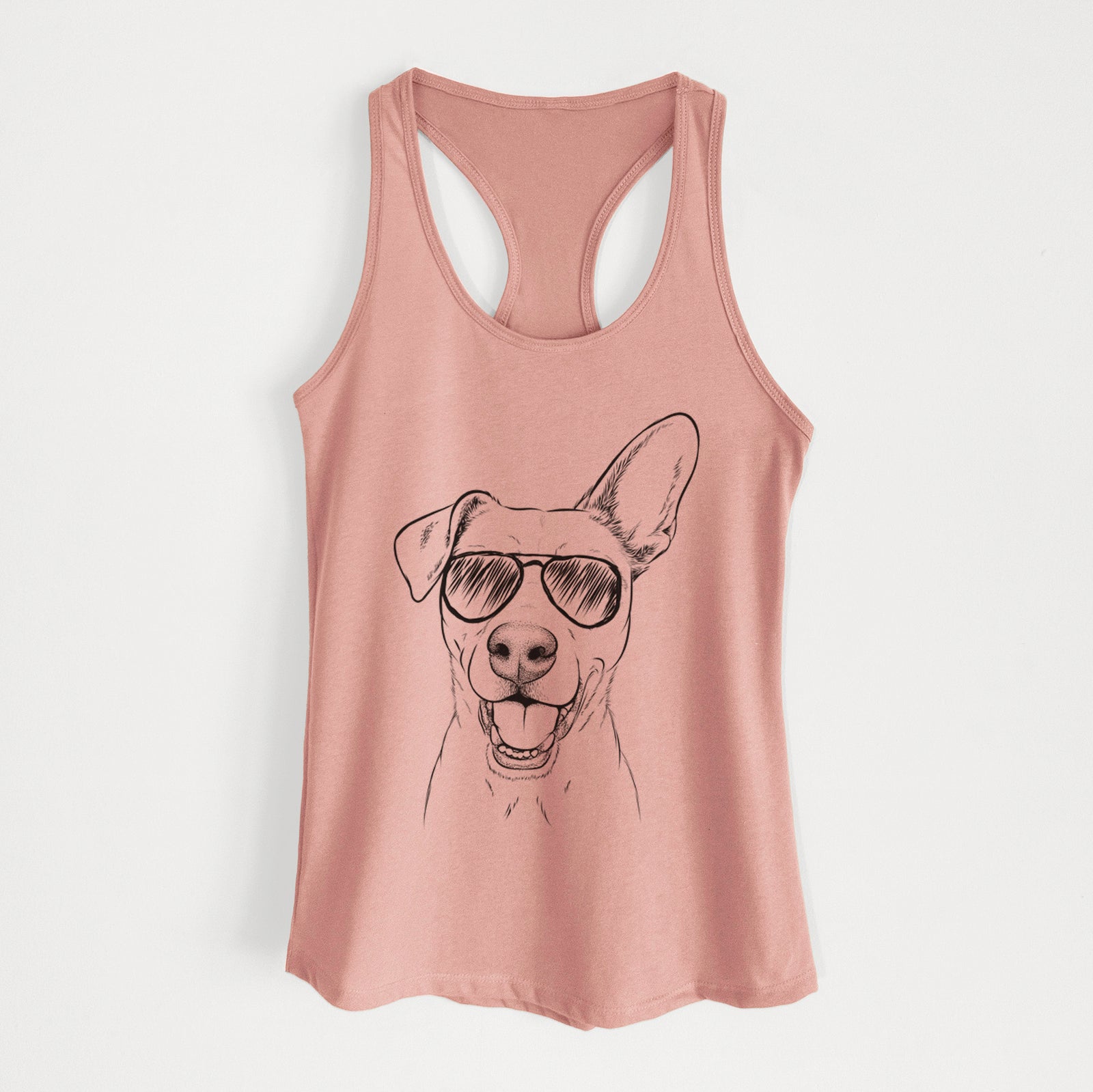 Hand-drawn sketch of Radar the Pitbull Mix wearing aviator sunglasses on a Desert Pink Women's racerback tanktop