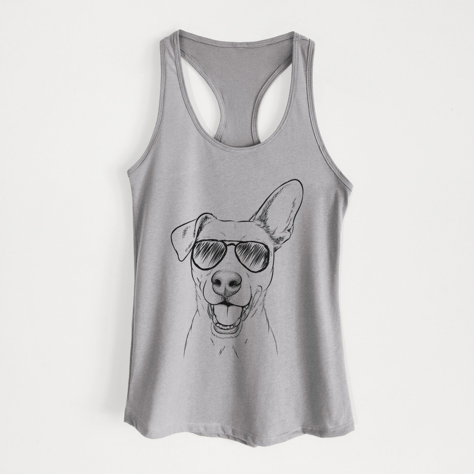 Hand-drawn sketch of Radar the Pitbull Mix wearing aviator sunglasses on a Heather Grey Women's racerback tanktop