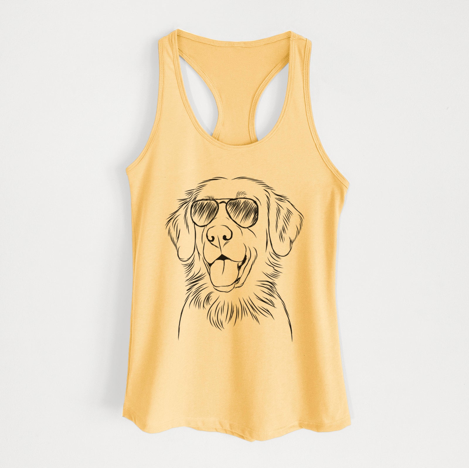 Hand-drawn sketch of Raisin the Flat Coated Retriever wearing aviator sunglasses on a Banana Cream Women's racerback tanktop