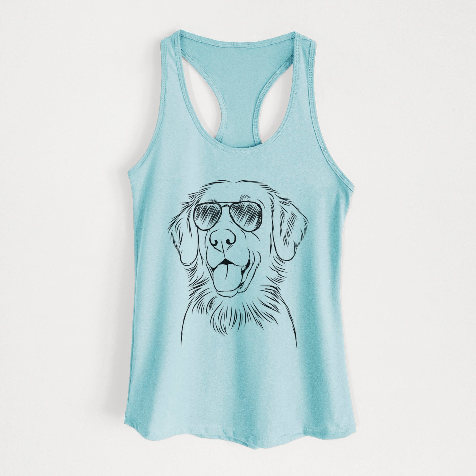Hand-drawn sketch of Raisin the Flat Coated Retriever wearing aviator sunglasses on a Cancun Blue Women's racerback tanktop