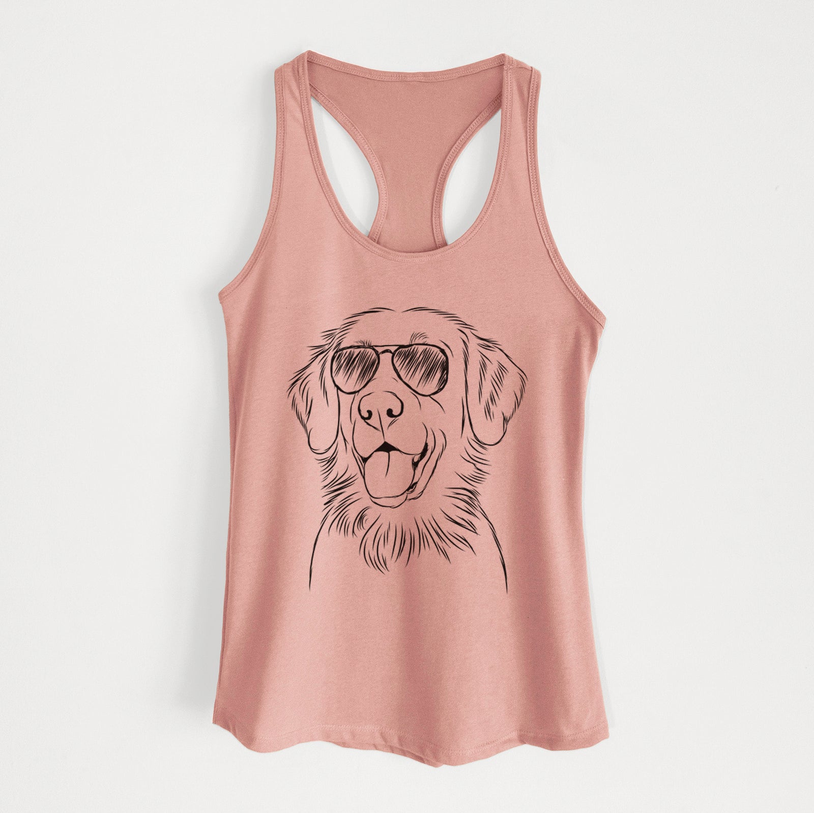 Hand-drawn sketch of Raisin the Flat Coated Retriever wearing aviator sunglasses on a Desert Pink Women's racerback tanktop