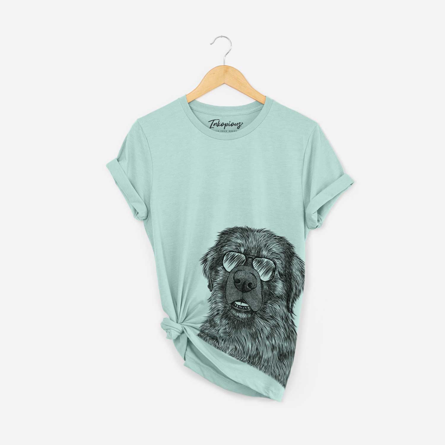Hand-drawn sketch of Ralph the Leonberger wearing aviator sunglasses on a Heather Sage Bella Canvas Unisex Crewneck