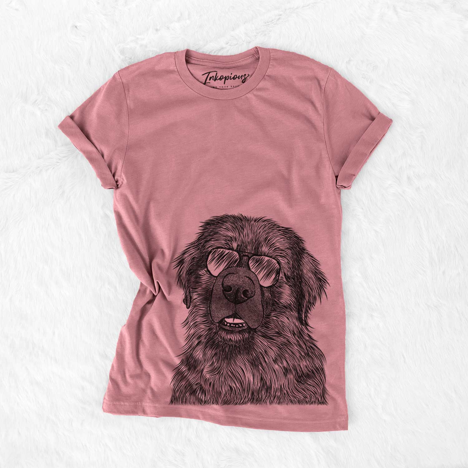 Hand-drawn sketch of Ralph the Leonberger wearing aviator sunglasses on a Mauve Bella Canvas Unisex Crewneck
