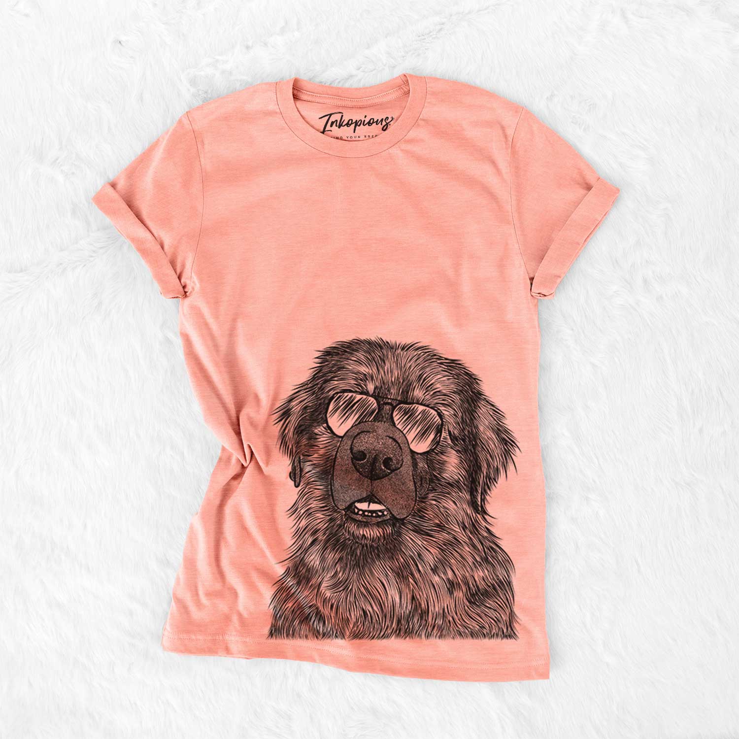 Hand-drawn sketch of Ralph the Leonberger wearing aviator sunglasses on a Sunset Bella Canvas Unisex Crewneck