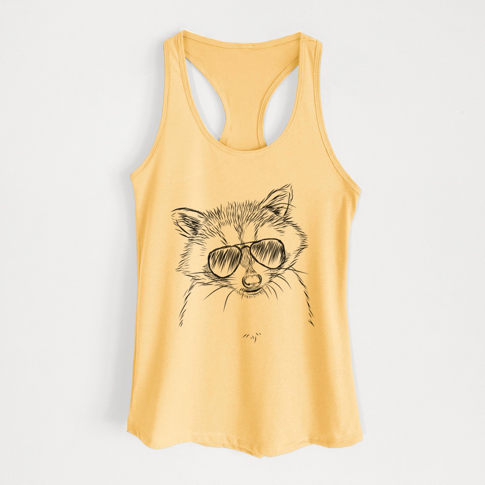 Hand-drawn sketch of Randy the Raccoon wearing aviator sunglasses on a Banana Cream Women's racerback tanktop