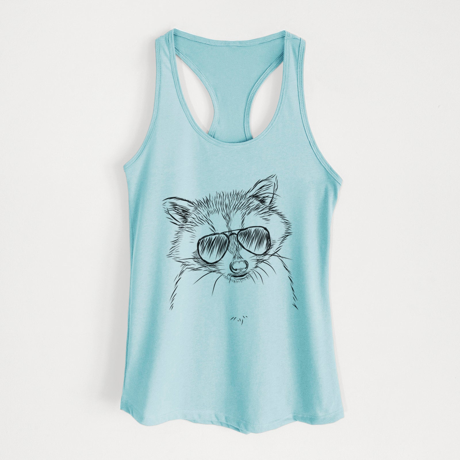 Hand-drawn sketch of Randy the Raccoon wearing aviator sunglasses on a Cancun Blue Women's racerback tanktop