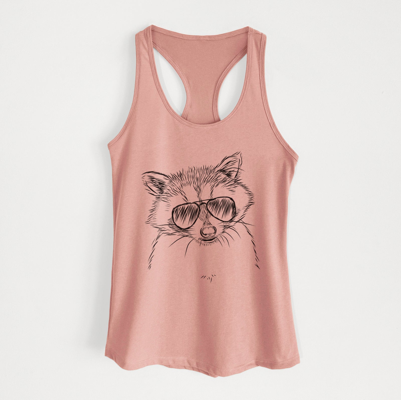 Hand-drawn sketch of Randy the Raccoon wearing aviator sunglasses on a Desert Pink Women's racerback tanktop