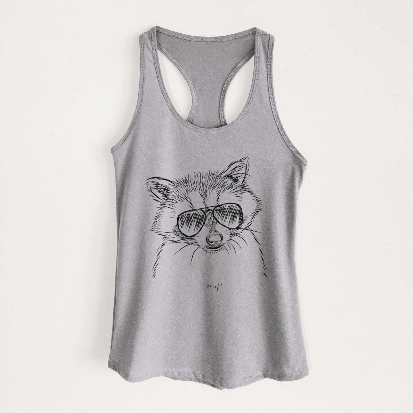 Hand-drawn sketch of Randy the Raccoon wearing aviator sunglasses on a Heather Grey Women's racerback tanktop