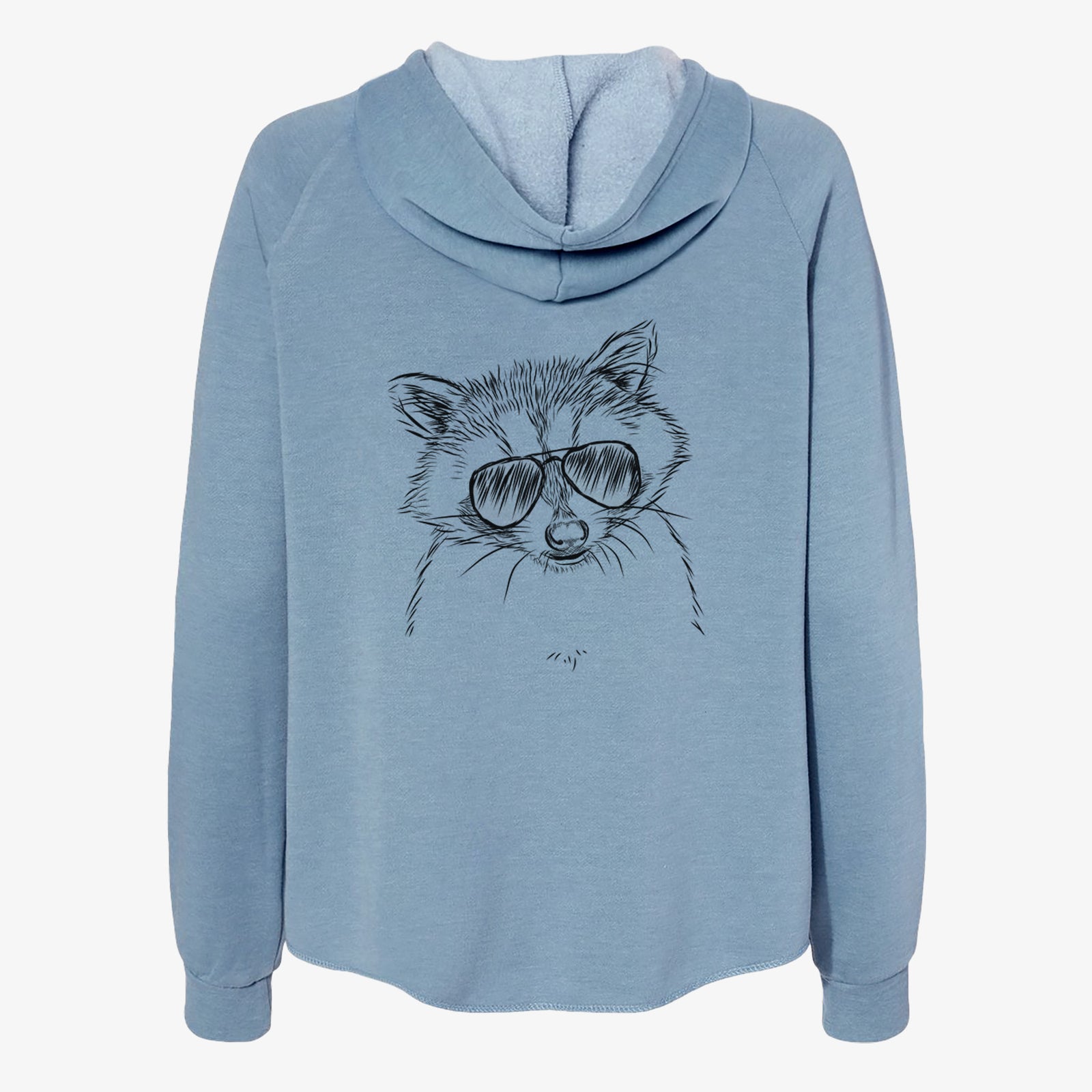 Hand-drawn sketch of Randy the Raccoon wearing aviator sunglasses on a Misty Blue Women's cali wave zip-up sweatshirt